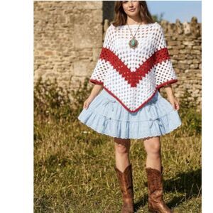 Vintage 70s Handmade Crocheted Shawl Cape Poncho Red White Striped Boho S/M